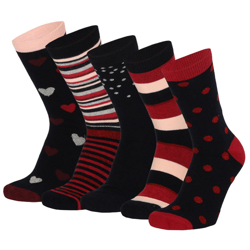 Apollo - Damessokken - Fashion - Kiss / Rood Zwart   - Grijs Roze  -  Bordeaux Zwart    5 Pack
