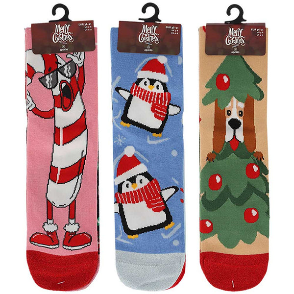 Apollo - Kerstsokken Dames X-Mas / Zuurstock - Pinguïn - Kersthond   2 Pack