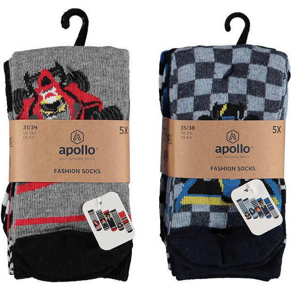 Apollo - Kindersokken - Race Auto / Zwart-Rood  Navy-Blauw  5 Pack