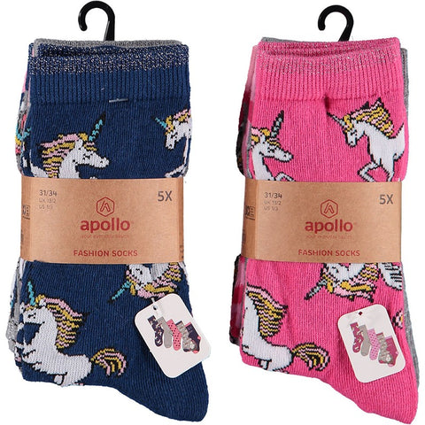 Apollo- Kindersokken - Design/ Eenhoorn Fushia 5 Pack