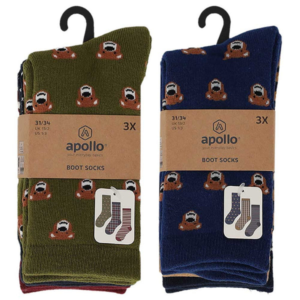 Apollo kindersokken - Badstof - Beer / Groen - Blauw - Grijs - Beige   3 Pack