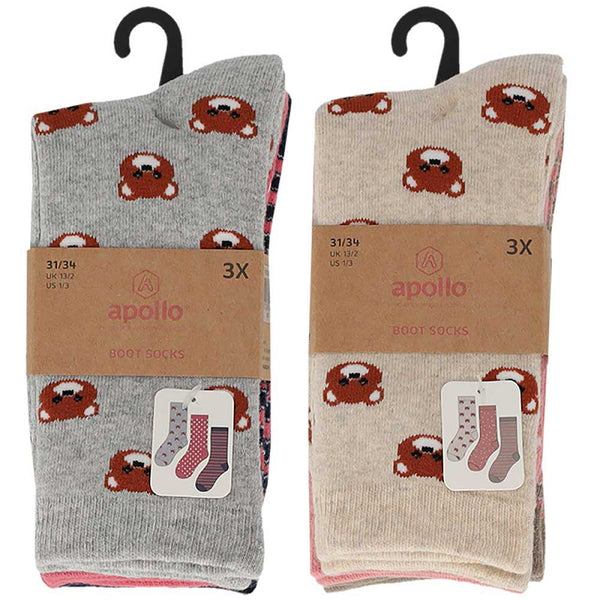 Apollo kindersokken - Badstof - Beer / Groen - Blauw - Grijs - Beige   3 Pack