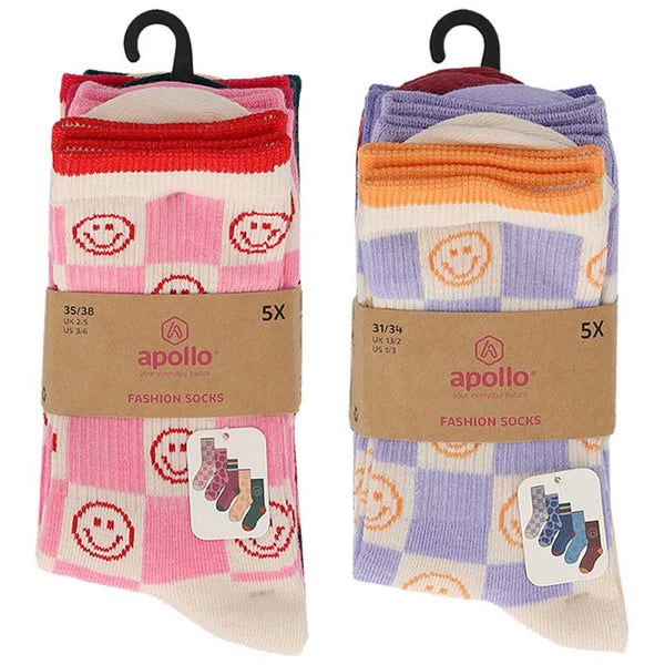 Apollo - Kindersokken - Lachende Smiley / Mix Paars - Mix Roze   5 Pack