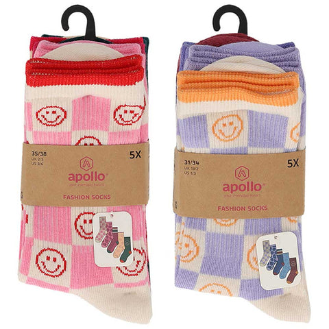 Apollo - Kindersokken - Lachende Smiley / Mix Paars - Mix Roze   5 Pack
