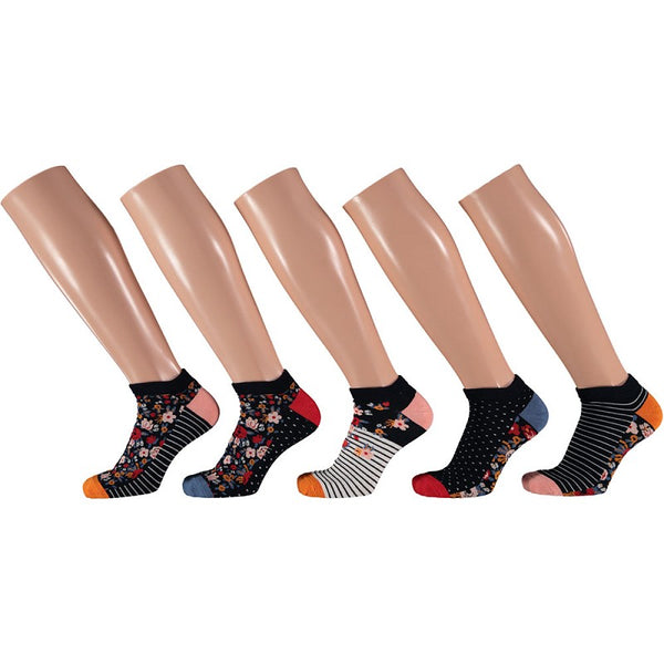 Apollo - Damessneakersokken - Bloemen / Navy - Zwart 5 Pack