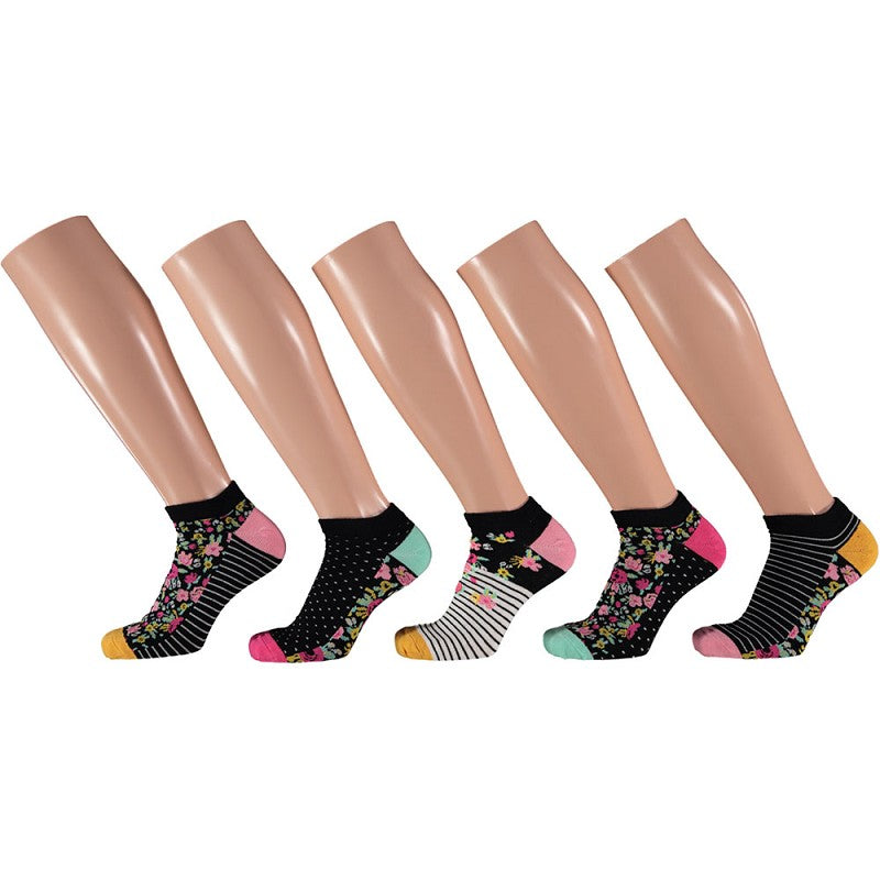 Apollo - Damessneakersokken - Bloemen / Navy - Zwart 5 Pack