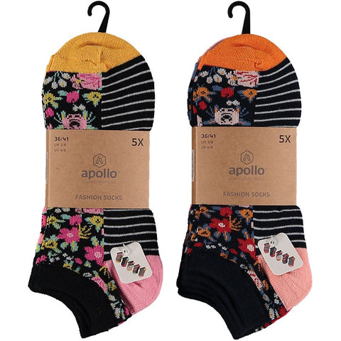 Apollo - Damessneakersokken - Bloemen / Navy - Zwart 5 Pack