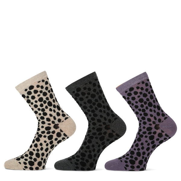 Teckel - Damessokken - Fashion - Animal + Dots / Bruin Beige Ecru   Paars Grijs Ecru  3 Pack