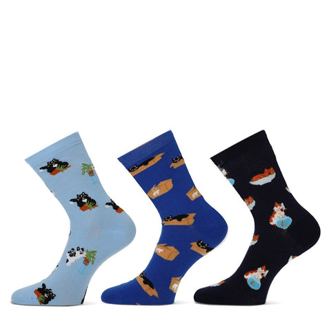 Teckel - Damessokken - 3 Designs - Cats / LBlue-Bright Blue-Marine    3 Pack