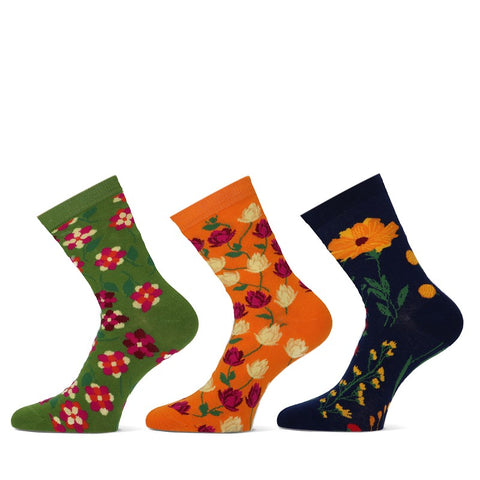 Teckel - Damessokken - 3 Designs - Flora / Green-L Orange-Navy   3 Pack