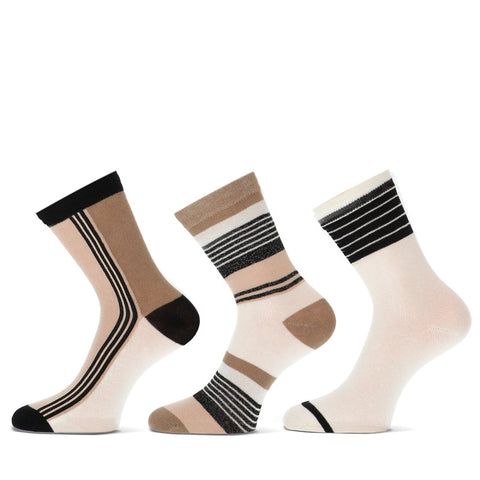 Teckel - Damessokken - Fashion - Stripes Lurex / Taupe-Black-Off- White   3 Pack