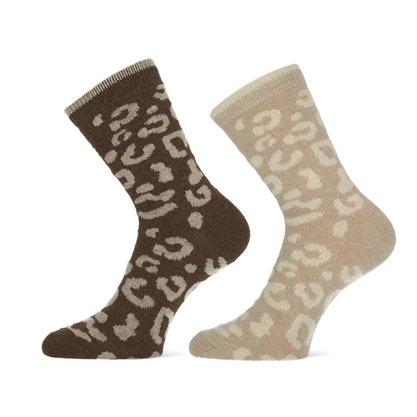 Teckel - Damessokken - Wol Mix - Spot/  Black Grey - Brown Beige   2 Pack