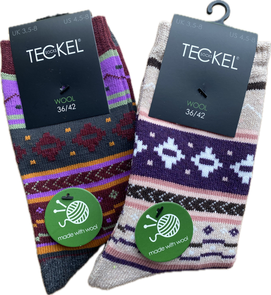 Teckel - Damessokken - Wol Mix -  Swiss / Paars Bruin - LBlauw Roze - Rood Blauw - Beige Bordeaux  2 Pack