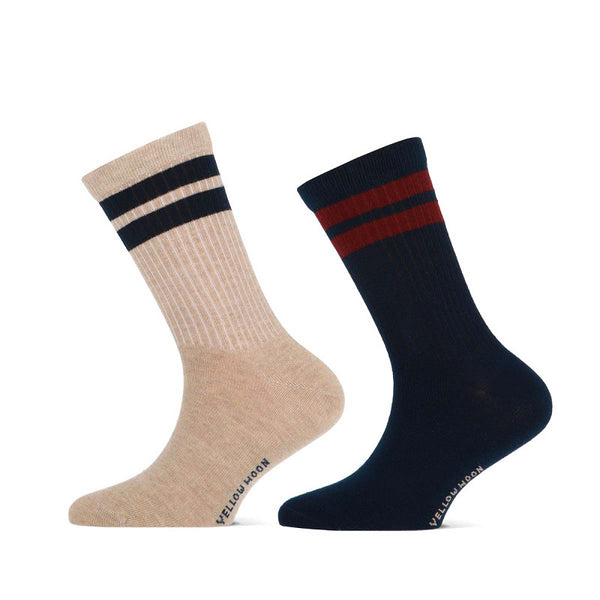 Yellow Moon - Kindersokken - Design Stripes / Beige Marine - Olive Marine     2 Pack