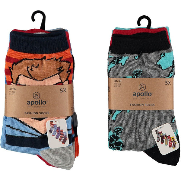 Apollo - Kindersokken - Strip Helden/ Grijs - Blauw Combi  5 Pack