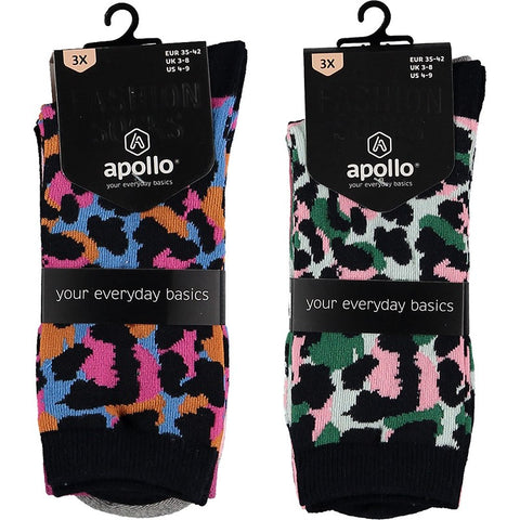 Apollo - Damessokken - Fashion - Picasso / Zwart  + Paars Roze 3 Pack