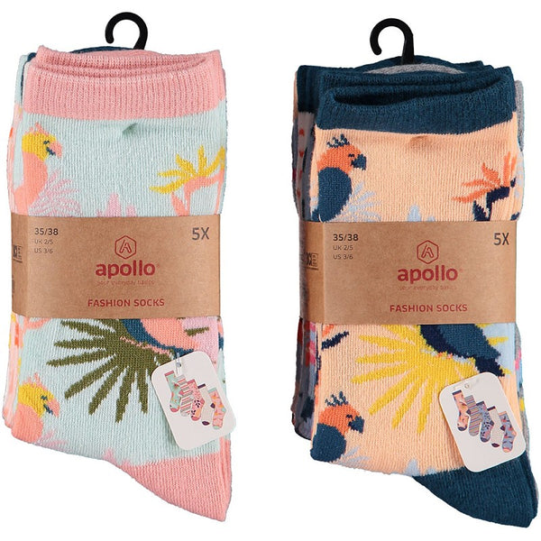 Apollo - Kindersokken - Vogel / Roze - Orange Combi  5 Pack