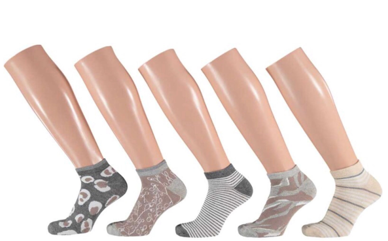 Apollo - Damessneakersokken - Vlekken  strepen/ Grijs Beige    5 Pack