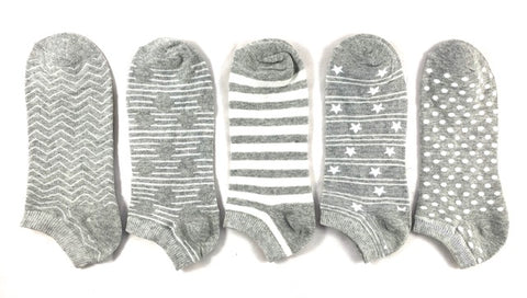 Apollo - Damessneakersokken  - Licht Grijs - Met sterren - strepen - Bollen 5 Pack
