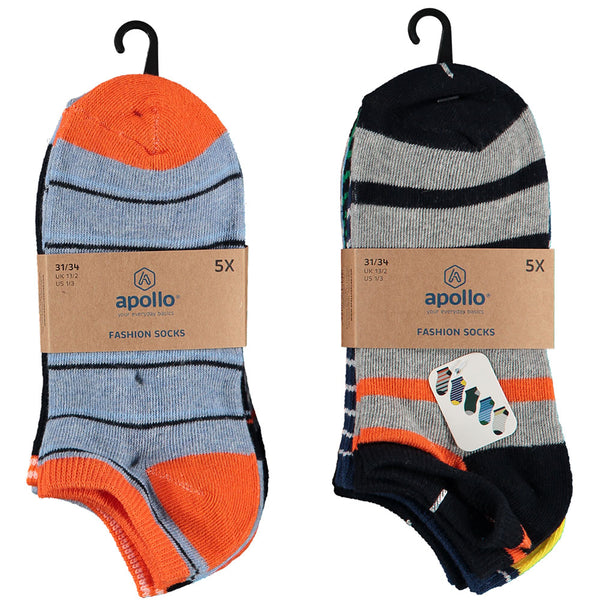 Apollo - Kids Sneakersokken - Gestreept/ D Blauw 5 Pack