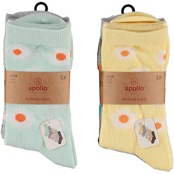 Apollo- Kindersokken - Design Bloemen/ Geel 5 Pack