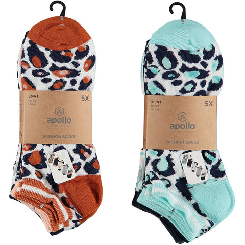 Apollo - Damessneakersokken - Dieren Prints/ Groen Navy 5 Pack